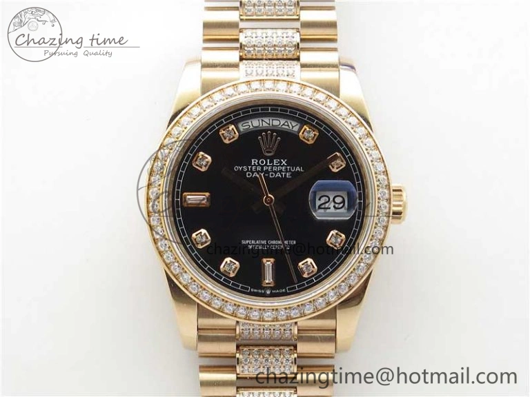 Day-Date 36mm 128235 RG Crystal BP Best Edition Black Crystal Marker Dial on RG President Bracelet A2836