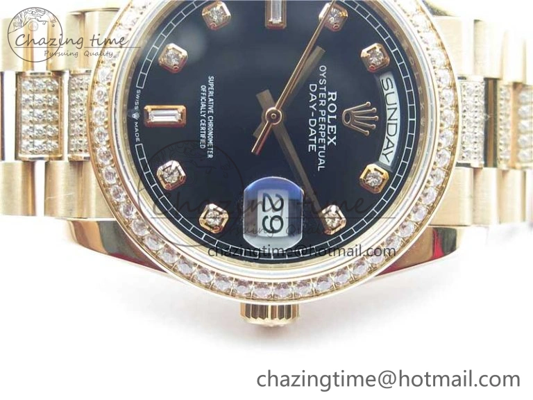 Day-Date 36mm 128235 RG Crystal BP Best Edition Black Crystal Marker Dial on RG President Bracelet A2836
