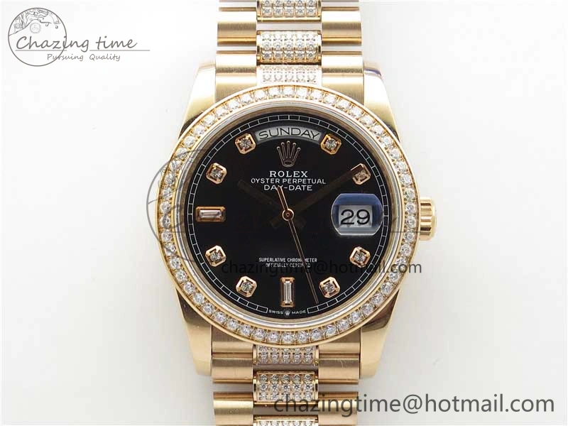Day-Date 36mm 128235 RG Crystal BP Best Edition Black Crystal Marker Dial on RG President Bracelet A2836