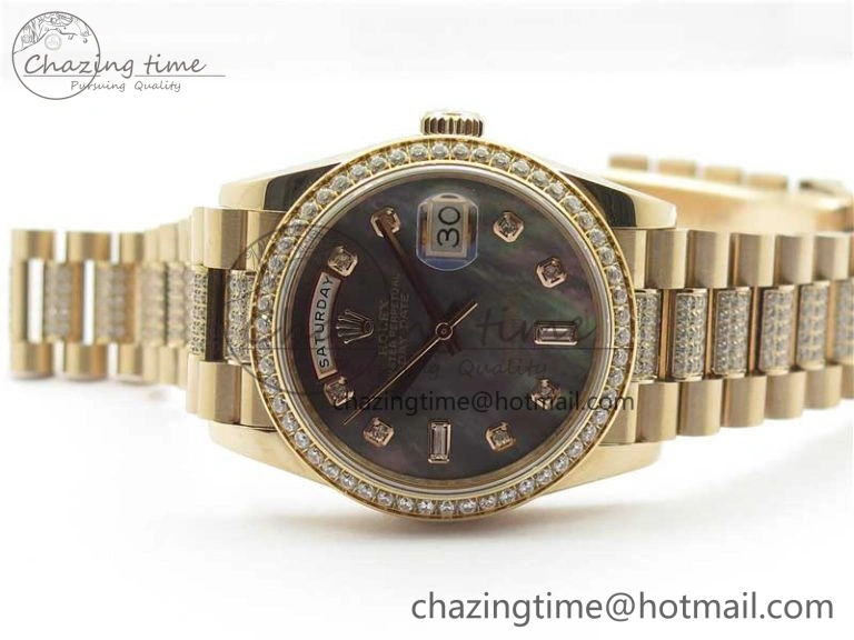 Day-Date 36mm 128235 RG Crystal BP Best Edition Black MOP Crystal Marker Dial on RG President Bracelet A2836