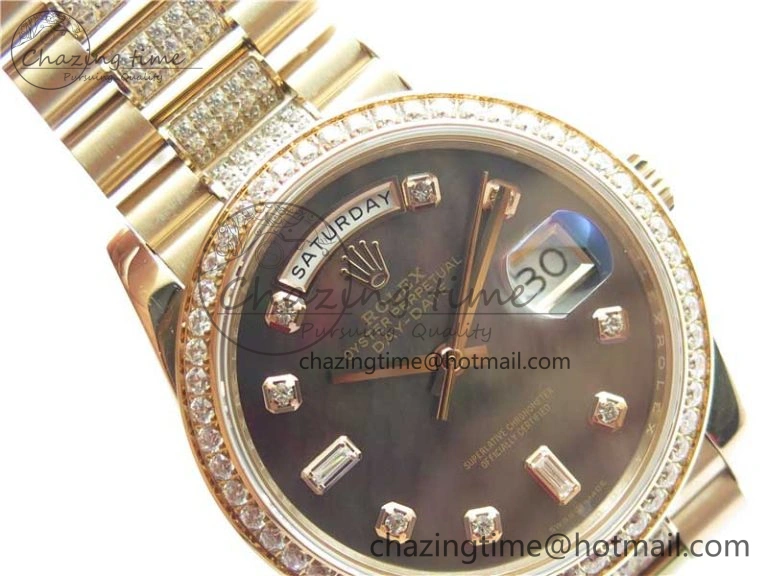 Day-Date 36mm 128235 RG Crystal BP Best Edition Black MOP Crystal Marker Dial on RG President Bracelet A2836
