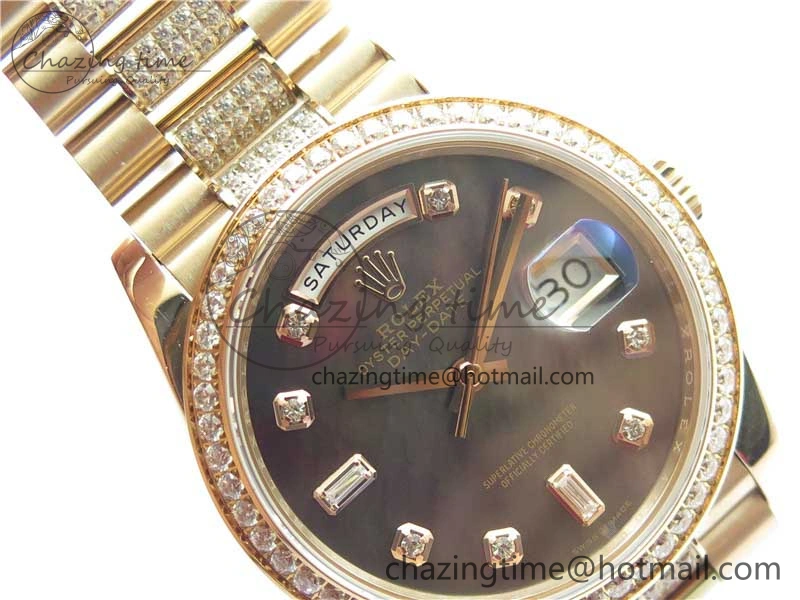 Day-Date 36mm 128235 RG Crystal BP Best Edition Black MOP Crystal Marker Dial on RG President Bracelet A2836
