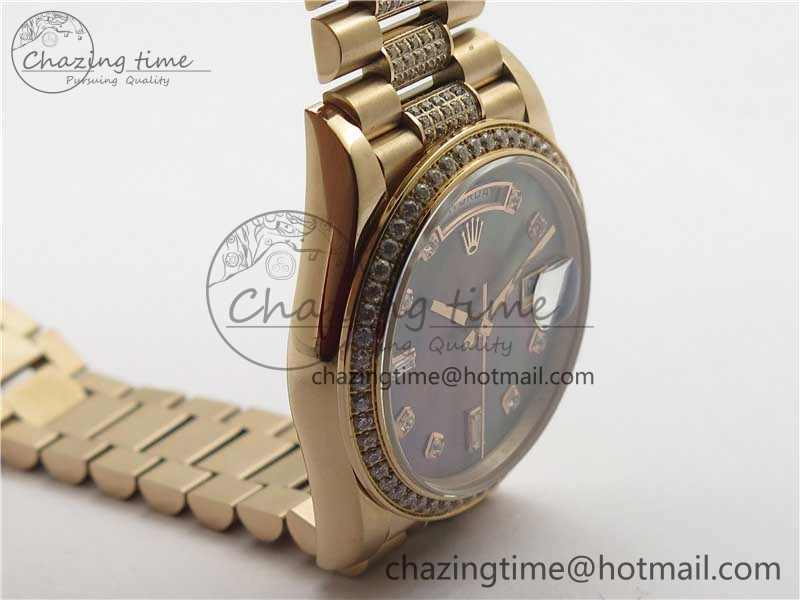 Day-Date 36mm 128235 RG Crystal BP Best Edition Black MOP Crystal Marker Dial on RG President Bracelet A2836