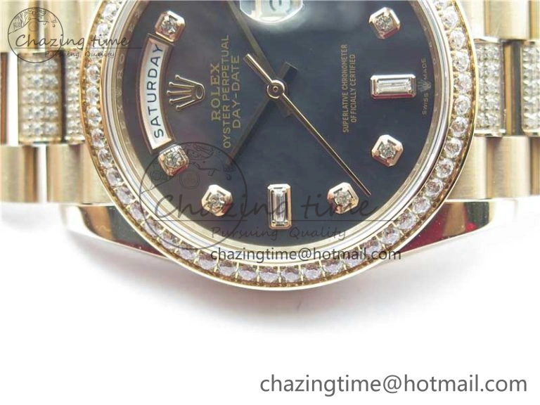 Day-Date 36mm 128235 RG Crystal BP Best Edition Black MOP Crystal Marker Dial on RG President Bracelet A2836