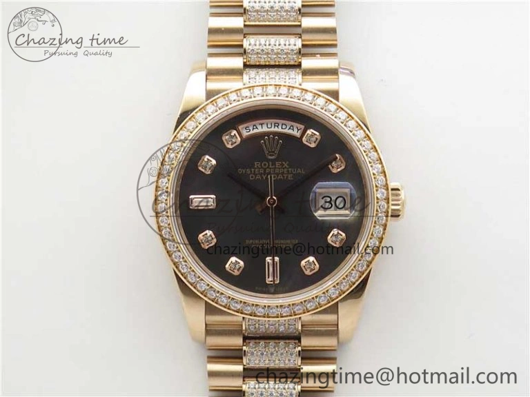 Day-Date 36mm 128235 RG Crystal BP Best Edition Black MOP Crystal Marker Dial on RG President Bracelet A2836