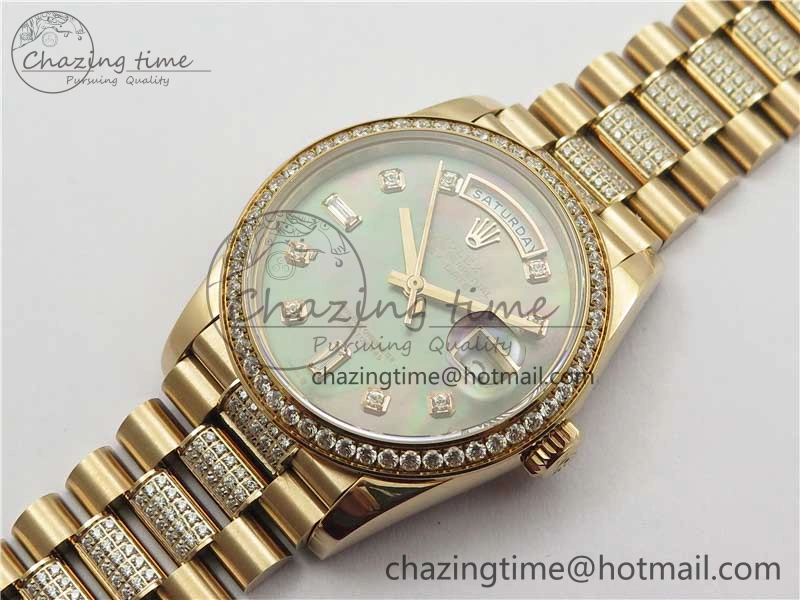 Day-Date 36mm 128235 RG Crystal BP Best Edition Black MOP Crystal Marker Dial on RG President Bracelet A2836
