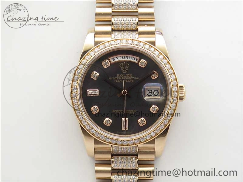 Day-Date 36mm 128235 RG Crystal BP Best Edition Black MOP Crystal Marker Dial on RG President Bracelet A2836