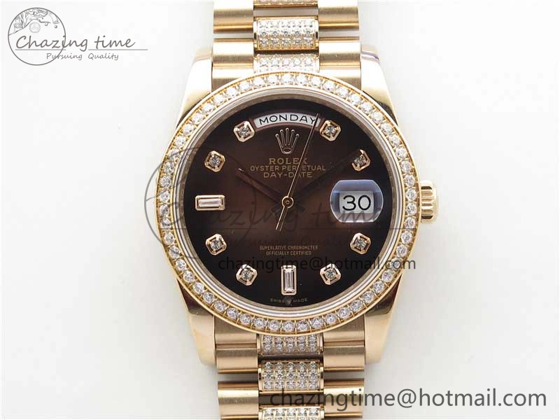 Day-Date 36mm 128235 RG Crystal BP Best Edition Brown Crystal Marker Dial on RG President Bracelet A2836