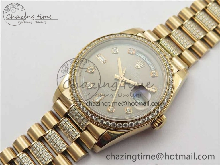 Day-Date 36mm 128235 RG Crystal BP Best Edition Gray Crystal Marker Dial on RG President Bracelet A2836