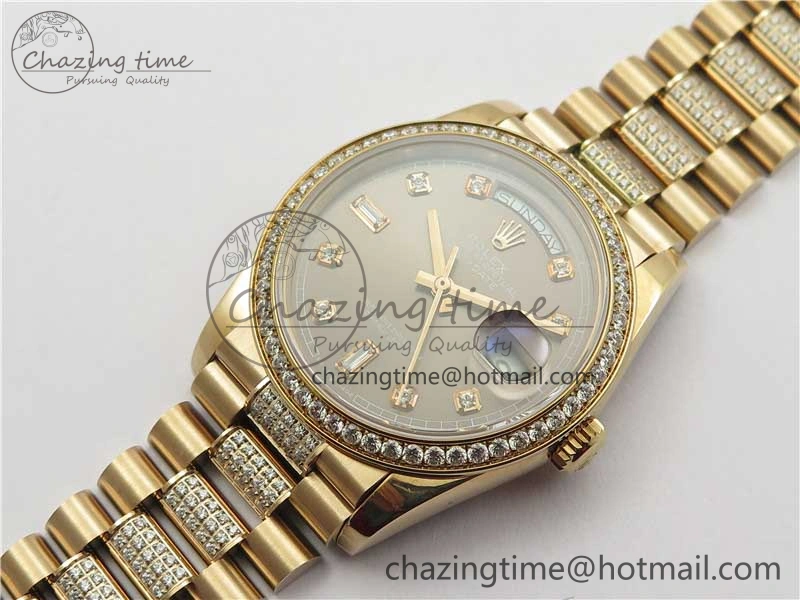 Day-Date 36mm 128235 RG Crystal BP Best Edition Gray Crystal Marker Dial on RG President Bracelet A2836