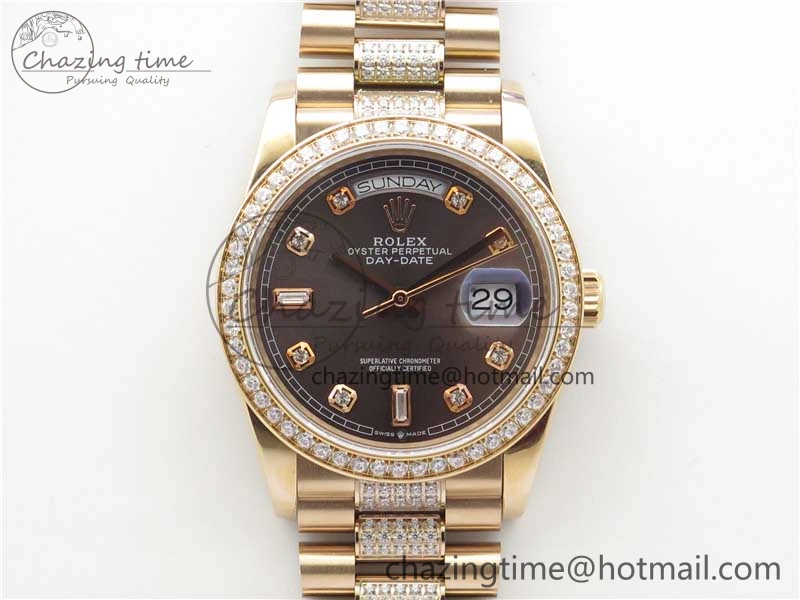 Day-Date 36mm 128235 RG Crystal BP Best Edition Gray Crystal Marker Dial on RG President Bracelet A2836