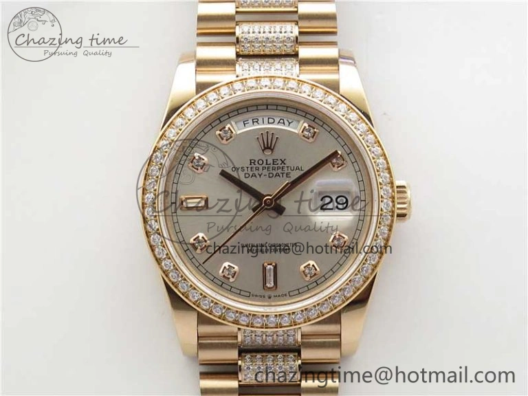 Day-Date 36mm 128235 RG Crystal BP Best Edition Silver Crystal Marker Dial on RG President Bracelet A2836