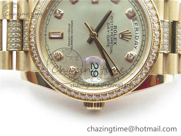 Day-Date 36mm 128235 RG Crystal BP Best Edition Silver Crystal Marker Dial on RG President Bracelet A2836