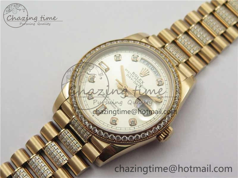 Day-Date 36mm 128235 RG Crystal BP Best Edition Silver Crystal Marker Dial on RG President Bracelet A2836