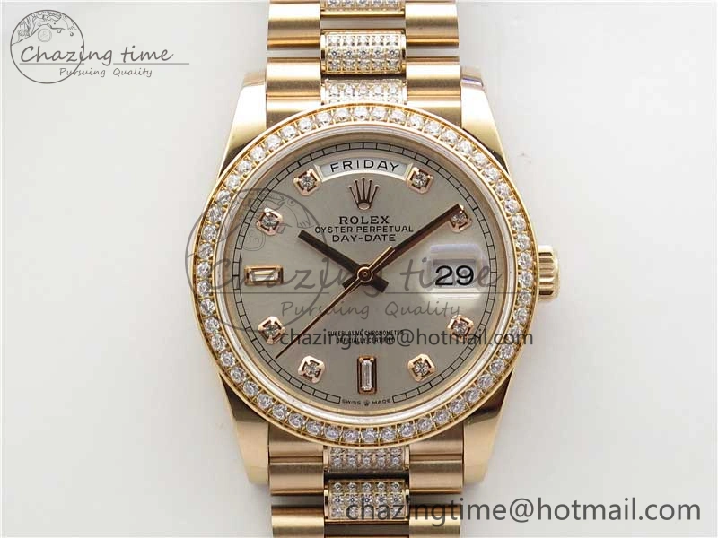 Day-Date 36mm 128235 RG Crystal BP Best Edition Silver Crystal Marker Dial on RG President Bracelet A2836