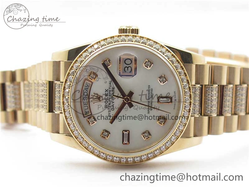 Day-Date 36mm 128235 RG Crystal BP Best Edition White MOP Crystal Marker Dial on RG President Bracelet A2836