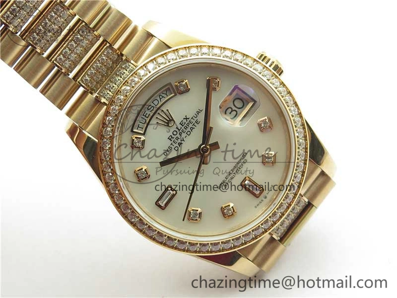 Day-Date 36mm 128235 RG Crystal BP Best Edition White MOP Crystal Marker Dial on RG President Bracelet A2836