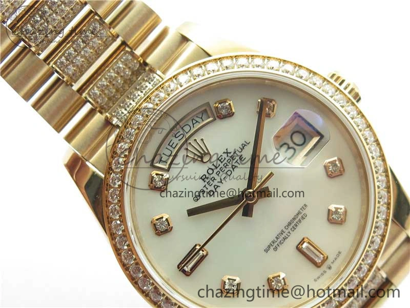 Day-Date 36mm 128235 RG Crystal BP Best Edition White MOP Crystal Marker Dial on RG President Bracelet A2836