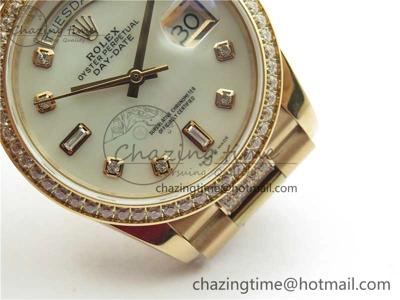 Day-Date 36mm 128235 RG Crystal BP Best Edition White MOP Crystal Marker Dial on RG President Bracelet A2836