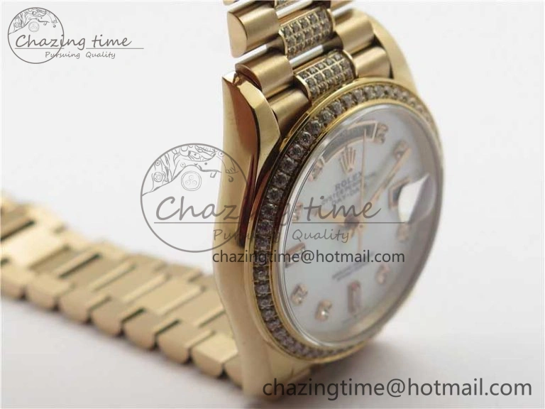 Day-Date 36mm 128235 RG Crystal BP Best Edition White MOP Crystal Marker Dial on RG President Bracelet A2836