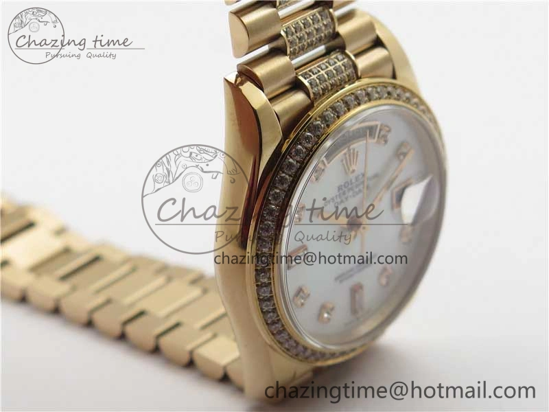 Day-Date 36mm 128235 RG Crystal BP Best Edition White MOP Crystal Marker Dial on RG President Bracelet A2836