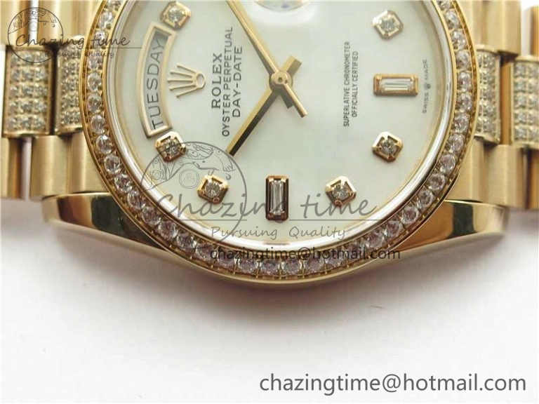 Day-Date 36mm 128235 RG Crystal BP Best Edition White MOP Crystal Marker Dial on RG President Bracelet A2836