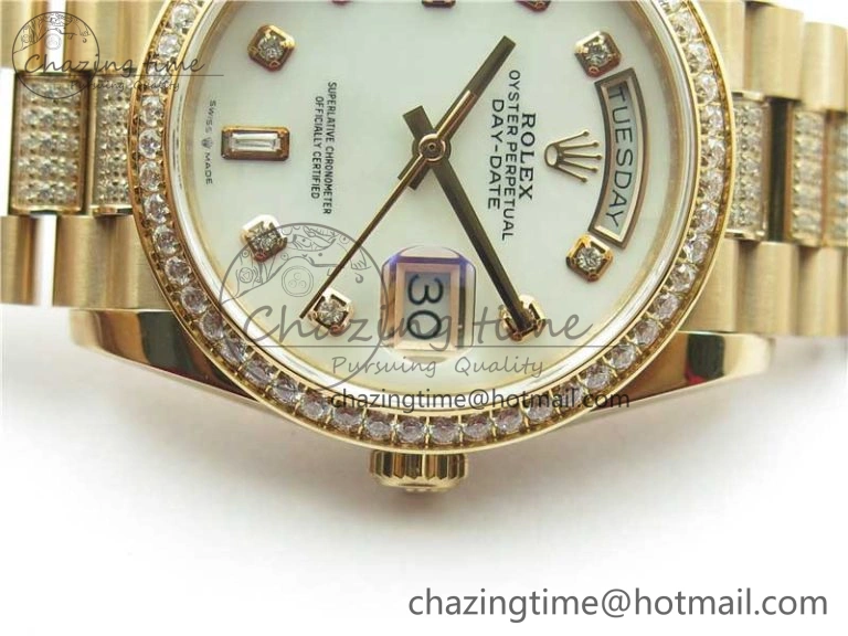 Day-Date 36mm 128235 RG Crystal BP Best Edition White MOP Crystal Marker Dial on RG President Bracelet A2836