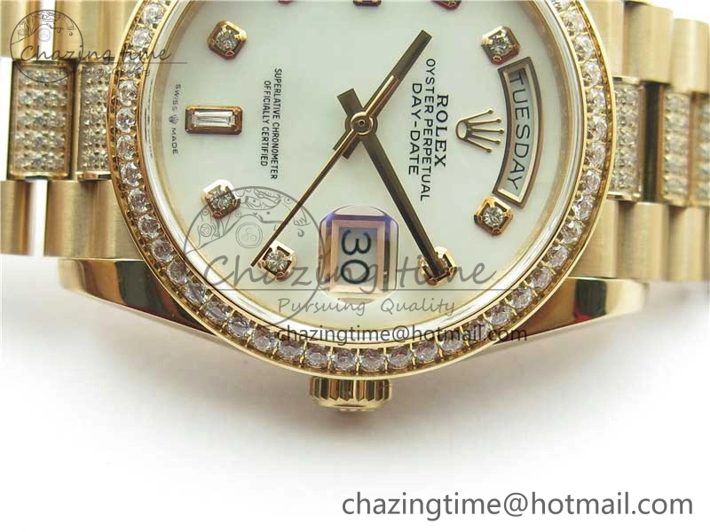 Day-Date 36mm 128235 RG Crystal BP Best Edition White MOP Crystal Marker Dial on RG President Bracelet A2836
