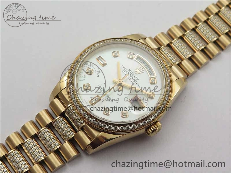 Day-Date 36mm 128235 RG Crystal BP Best Edition White MOP Crystal Marker Dial on RG President Bracelet A2836