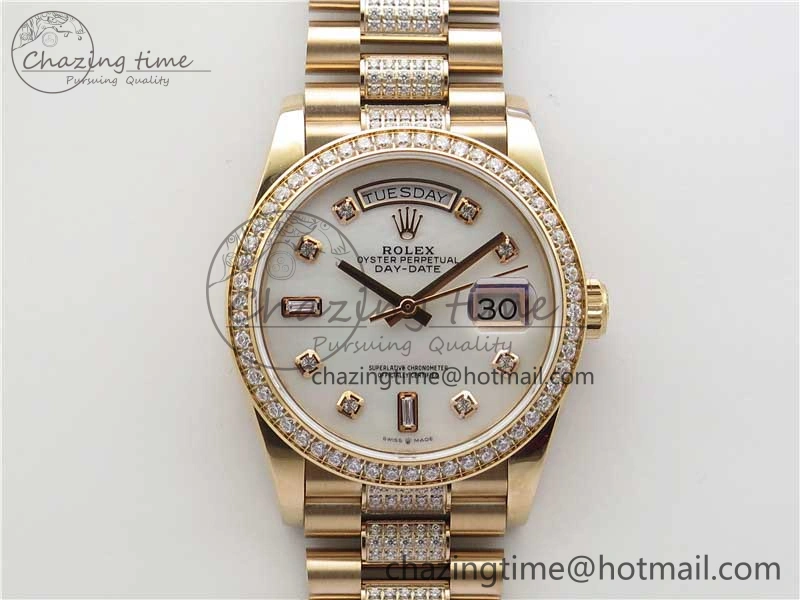 Day-Date 36mm 128235 RG Crystal BP Best Edition White MOP Crystal Marker Dial on RG President Bracelet A2836