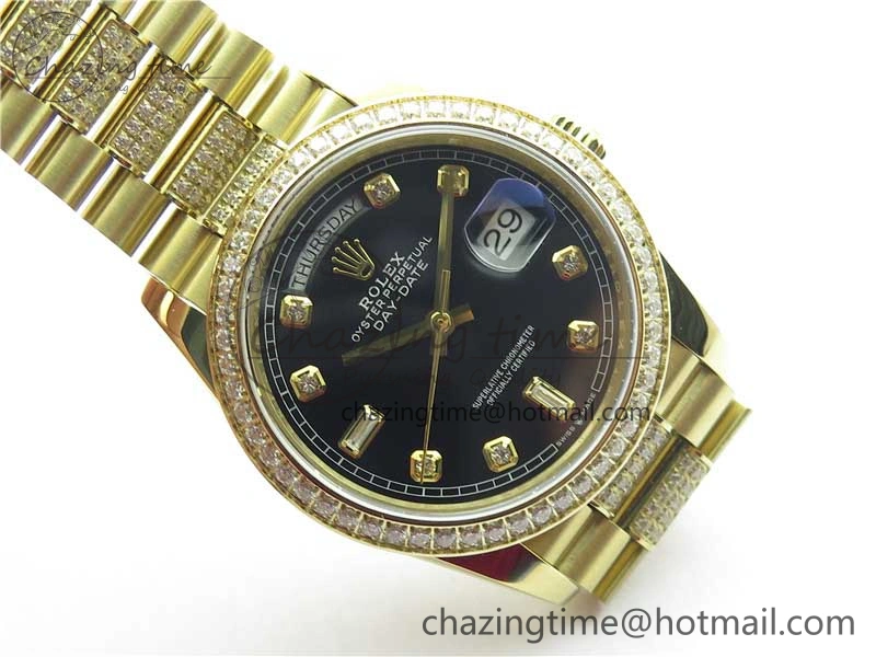 Day-Date 36mm 128235 YG Crystal BP Best Edition Black Crystal Marker Dial on YG President Bracelet A2836