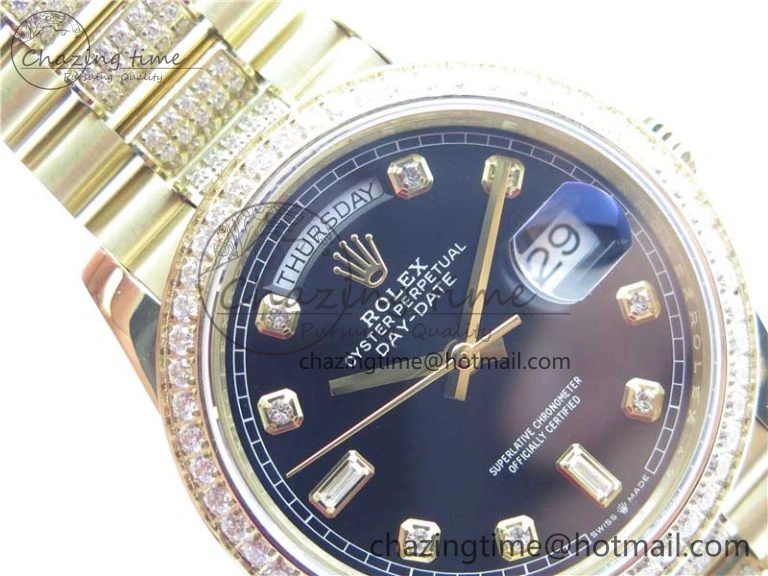 Day-Date 36mm 128235 YG Crystal BP Best Edition Black Crystal Marker Dial on YG President Bracelet A2836