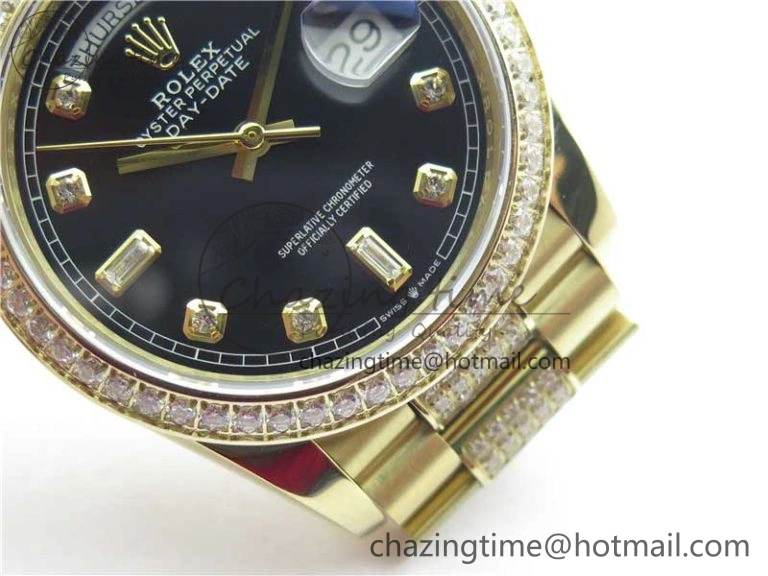 Day-Date 36mm 128235 YG Crystal BP Best Edition Black Crystal Marker Dial on YG President Bracelet A2836