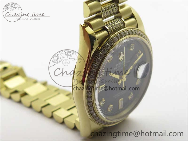 Day-Date 36mm 128235 YG Crystal BP Best Edition Black Crystal Marker Dial on YG President Bracelet A2836