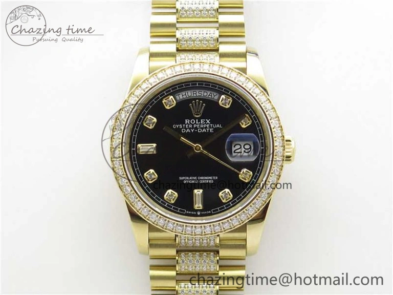 Day-Date 36mm 128235 YG Crystal BP Best Edition Black Crystal Marker Dial on YG President Bracelet A2836