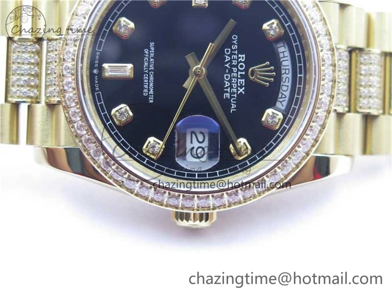Day-Date 36mm 128235 YG Crystal BP Best Edition Black Crystal Marker Dial on YG President Bracelet A2836