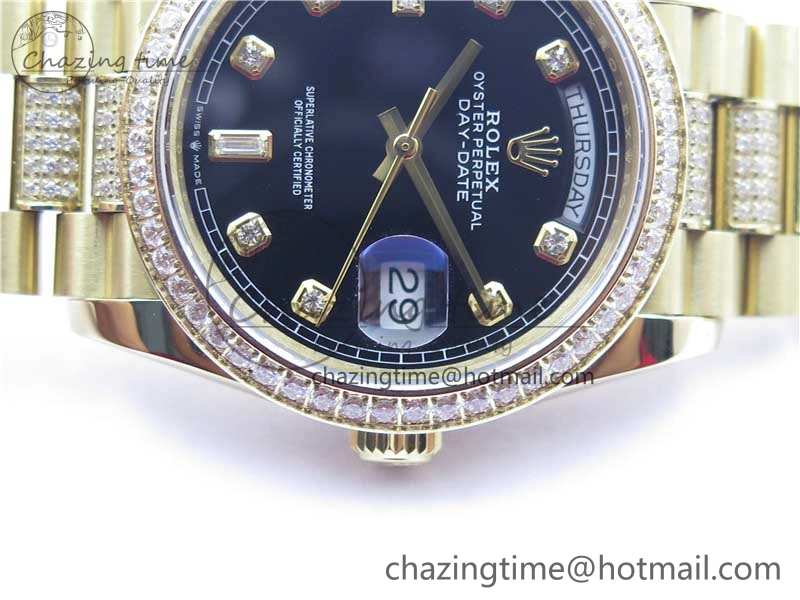 Day-Date 36mm 128235 YG Crystal BP Best Edition Black Crystal Marker Dial on YG President Bracelet A2836