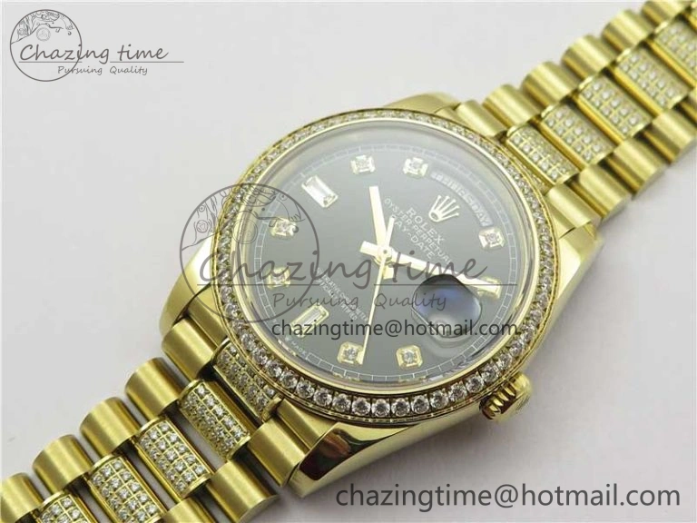 Day-Date 36mm 128235 YG Crystal BP Best Edition Black Crystal Marker Dial on YG President Bracelet A2836