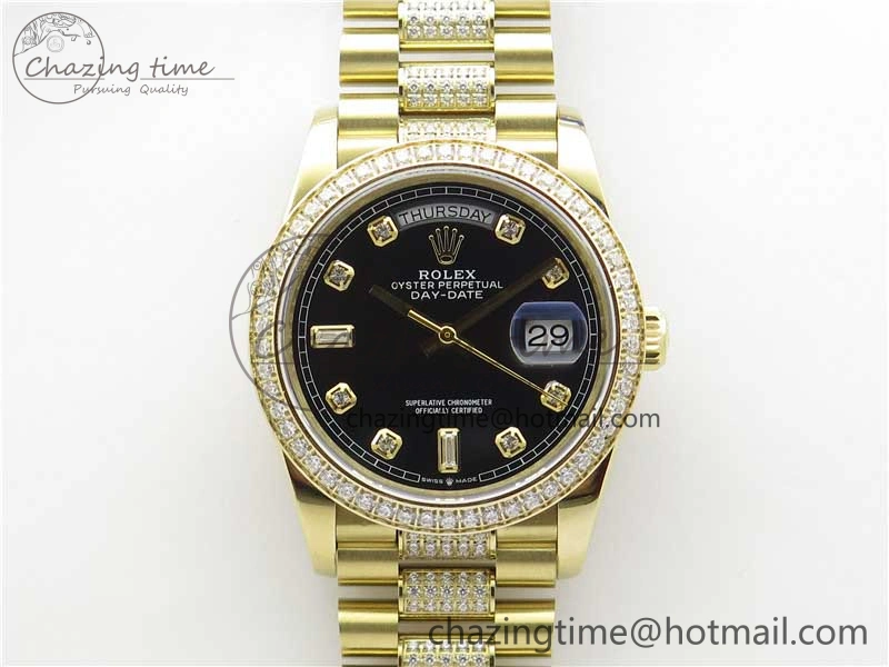 Day-Date 36mm 128235 YG Crystal BP Best Edition Black Crystal Marker Dial on YG President Bracelet A2836