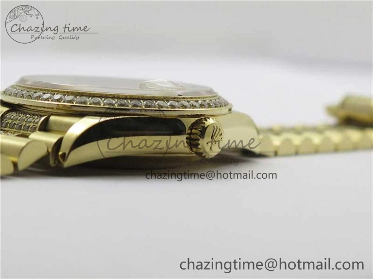 Day-Date 36mm 128235 YG Crystal BP Best Edition Gray MOP Crystal Marker Dial on YG President Bracelet A2836