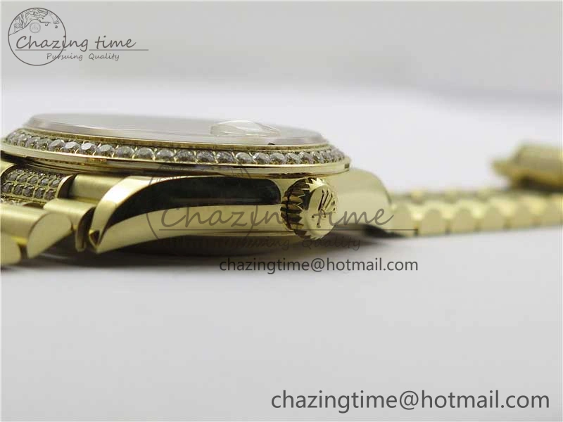 Day-Date 36mm 128235 YG Crystal BP Best Edition Gray MOP Crystal Marker Dial on YG President Bracelet A2836