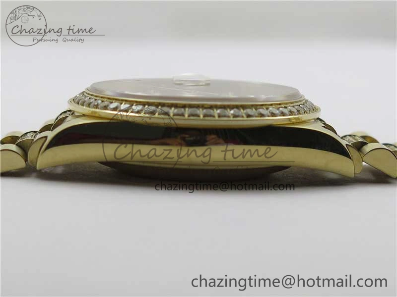 Day-Date 36mm 128235 YG Crystal BP Best Edition Gray MOP Crystal Marker Dial on YG President Bracelet A2836