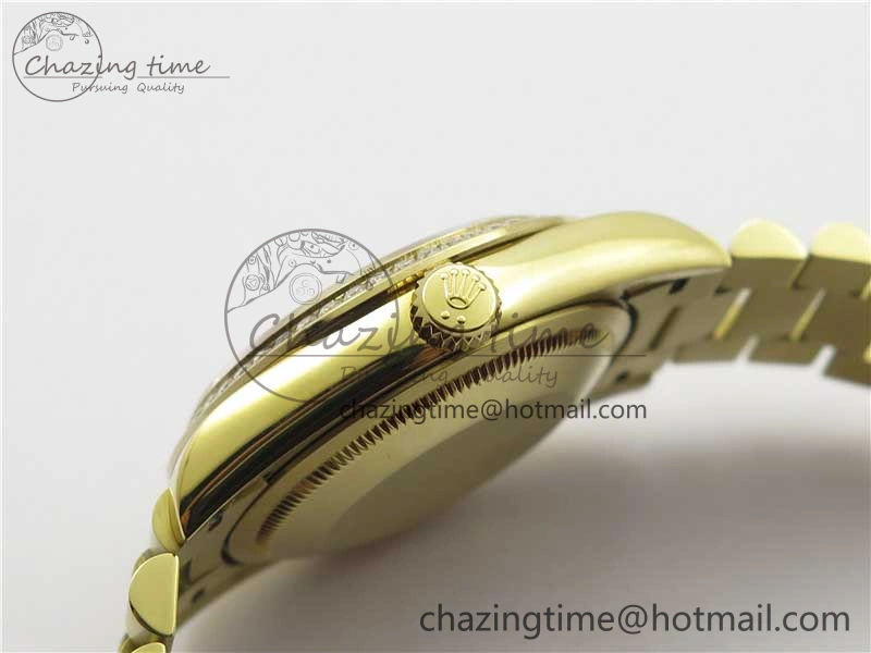 Day-Date 36mm 128235 YG Crystal BP Best Edition Gray MOP Crystal Marker Dial on YG President Bracelet A2836