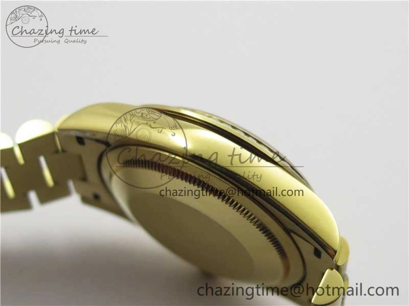 Day-Date 36mm 128235 YG Crystal BP Best Edition Gray MOP Crystal Marker Dial on YG President Bracelet A2836