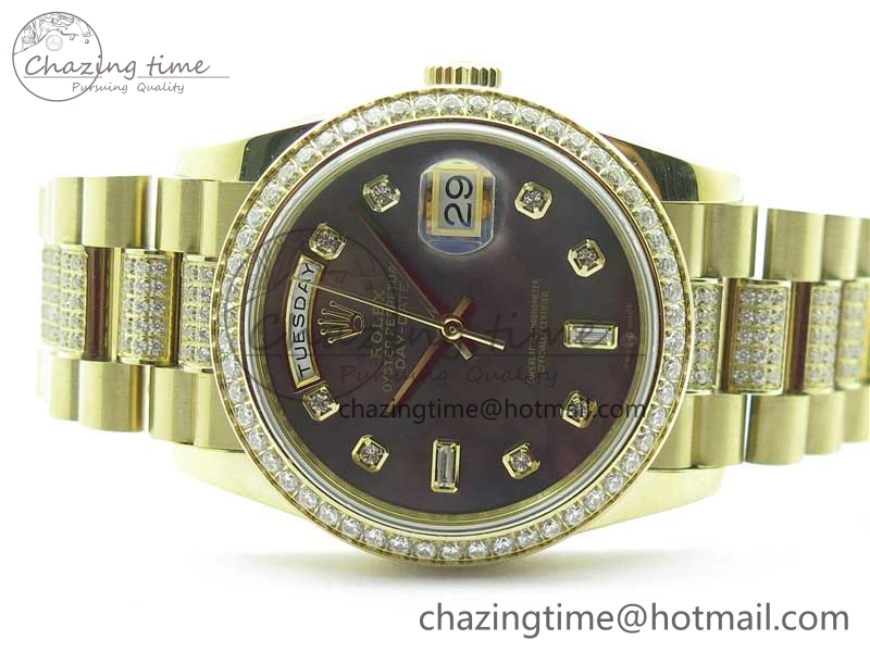 Day-Date 36mm 128235 YG Crystal BP Best Edition Gray MOP Crystal Marker Dial on YG President Bracelet A2836