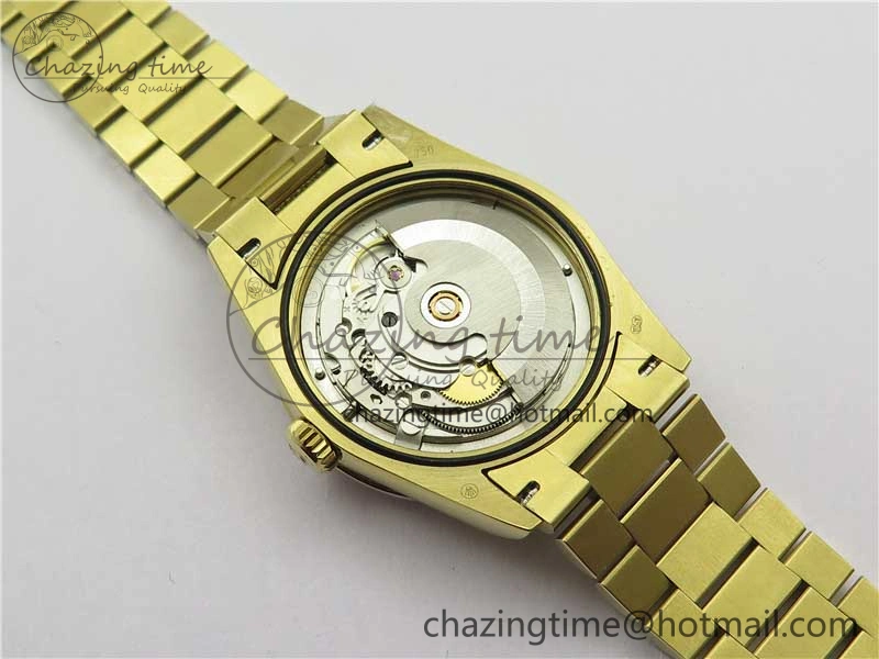 Day-Date 36mm 128235 YG Crystal BP Best Edition Gray MOP Crystal Marker Dial on YG President Bracelet A2836