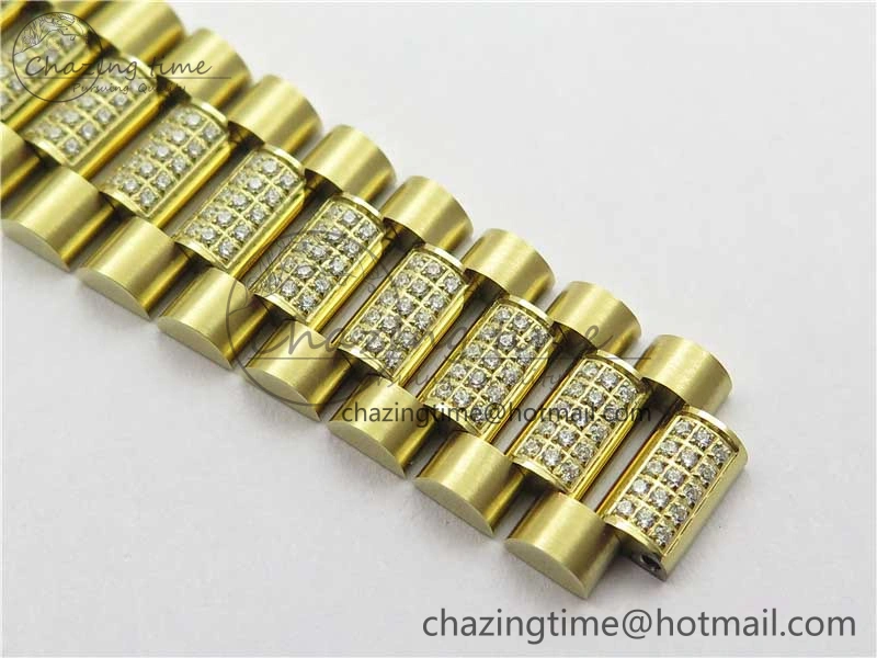 Day-Date 36mm 128235 YG Crystal BP Best Edition Gray MOP Crystal Marker Dial on YG President Bracelet A2836