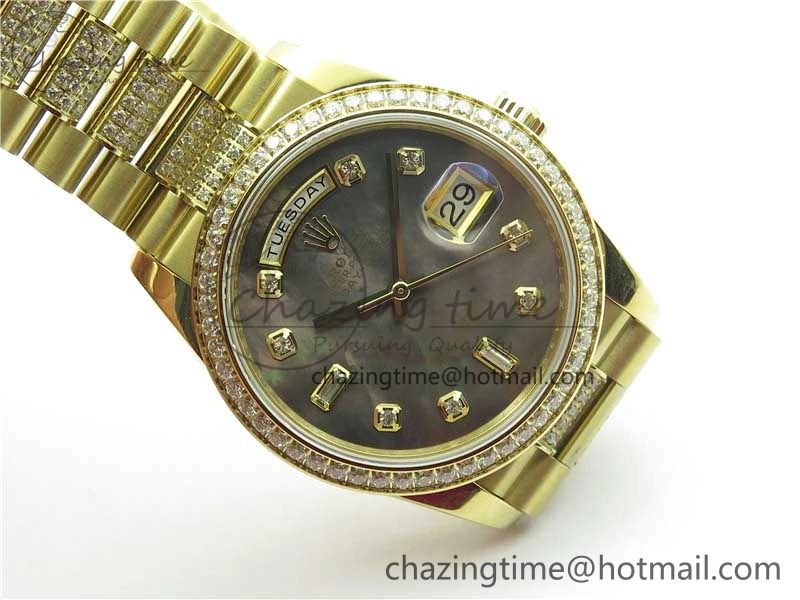 Day-Date 36mm 128235 YG Crystal BP Best Edition Gray MOP Crystal Marker Dial on YG President Bracelet A2836