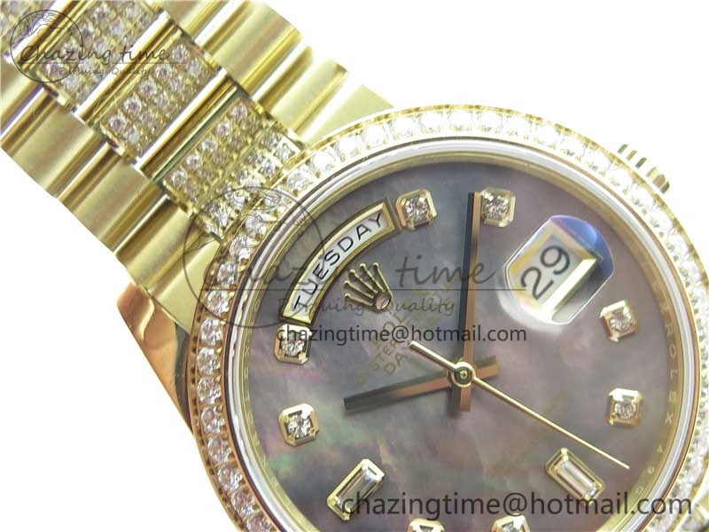 Day-Date 36mm 128235 YG Crystal BP Best Edition Gray MOP Crystal Marker Dial on YG President Bracelet A2836
