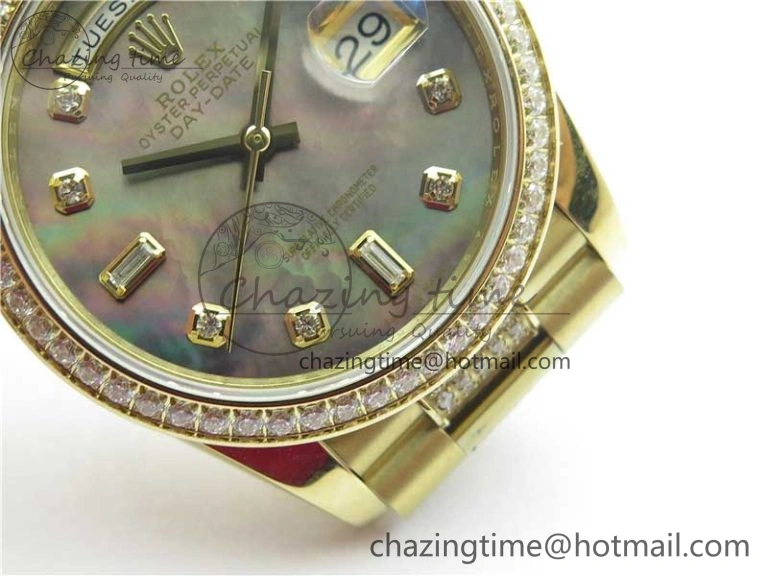 Day-Date 36mm 128235 YG Crystal BP Best Edition Gray MOP Crystal Marker Dial on YG President Bracelet A2836
